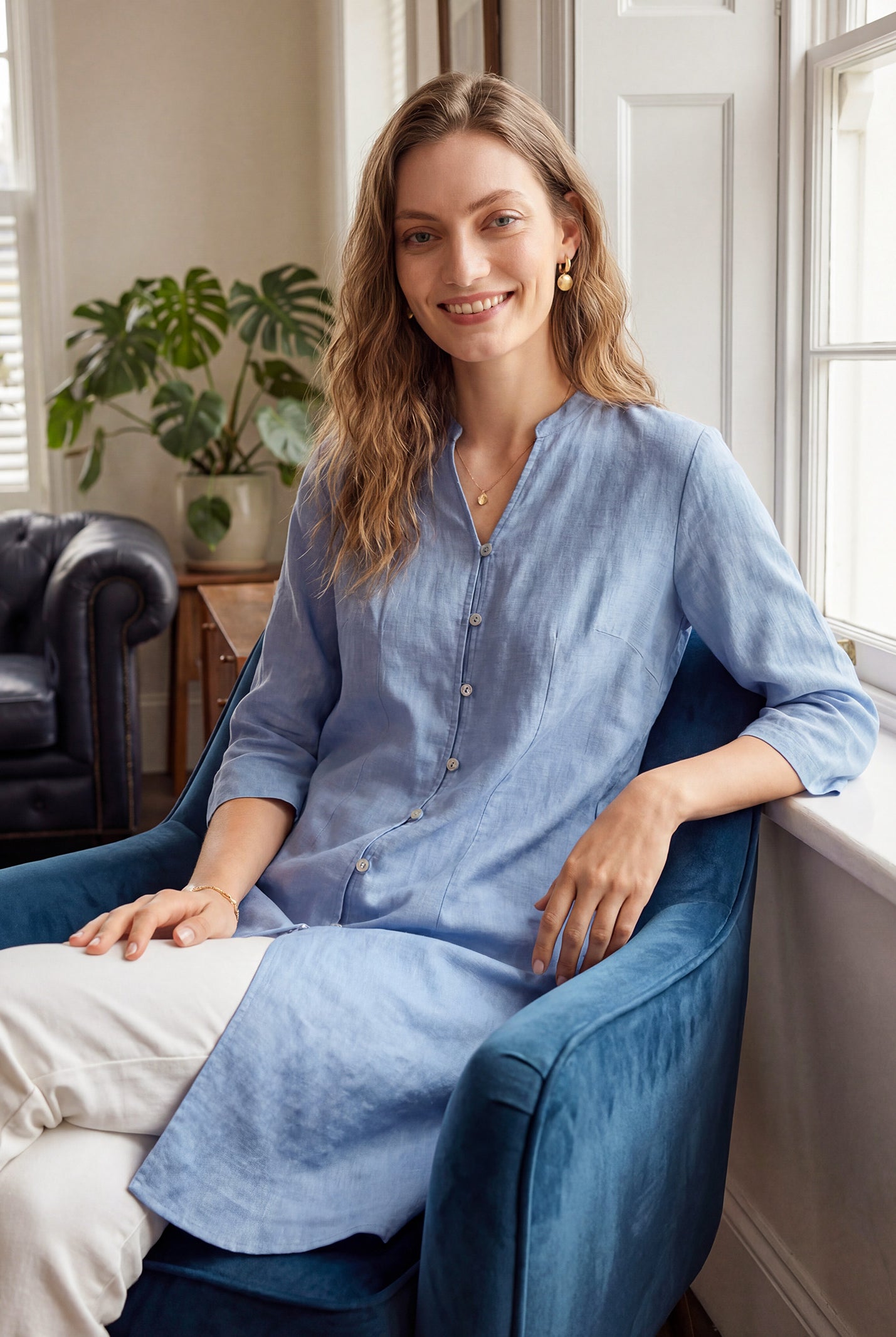 100% Linen Hand Button Long Top DILLON by LINTICO for women