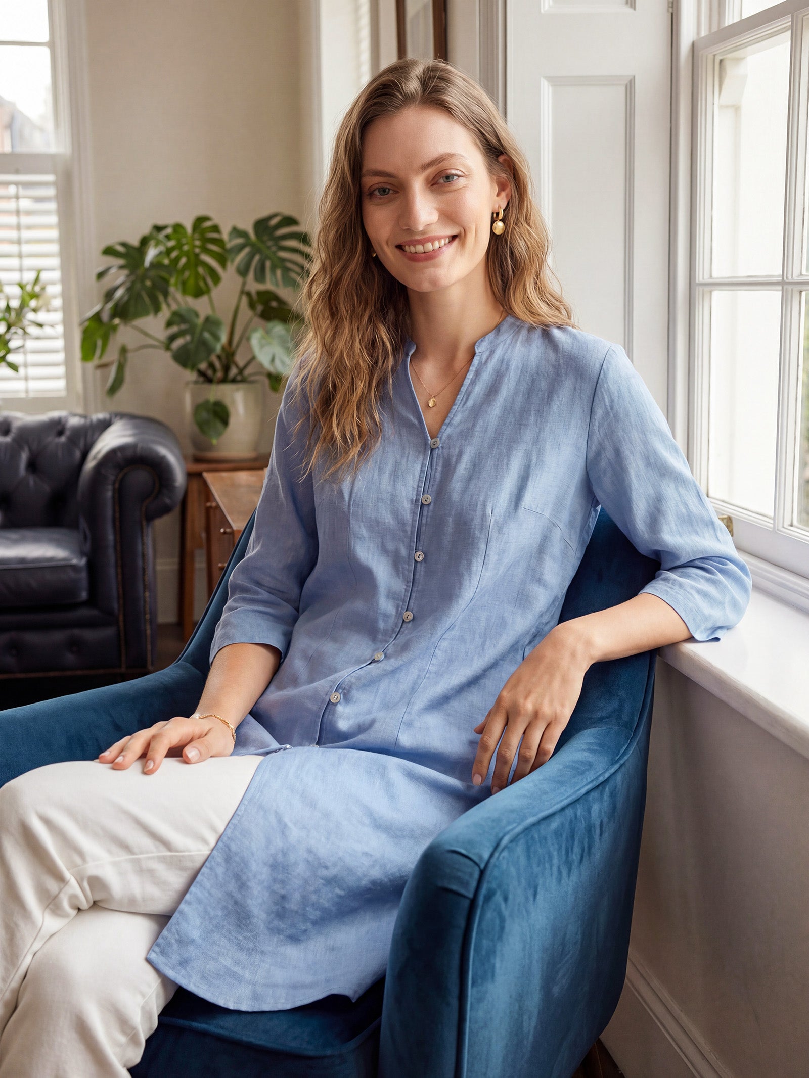 100% Linen Hand Button Long Top DILLON by LINTICO for women