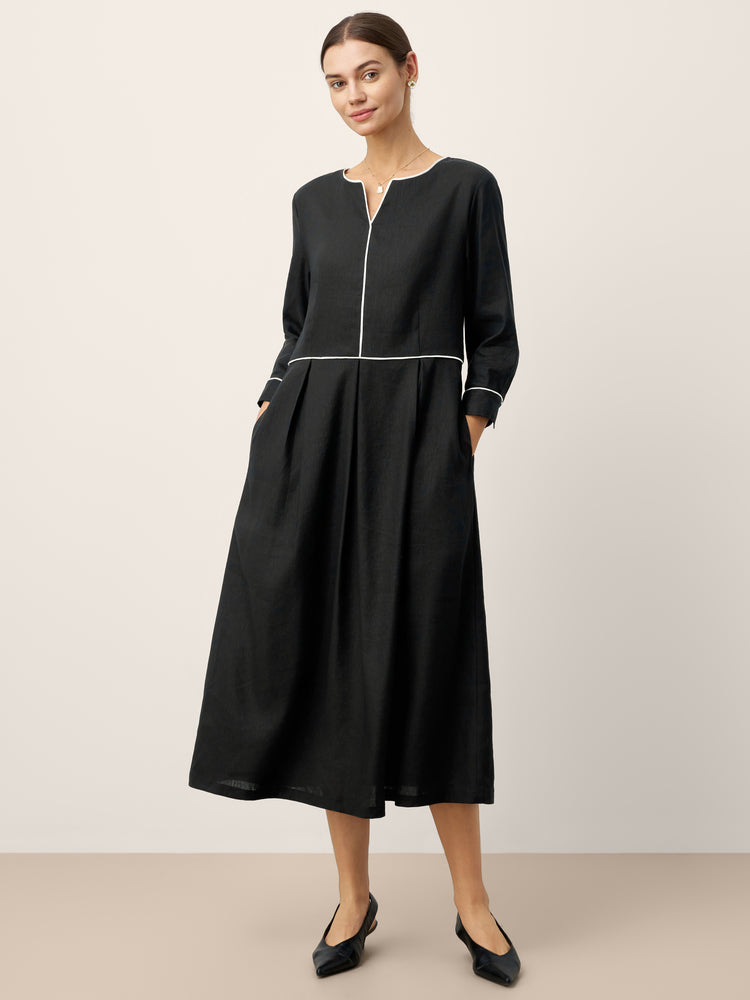 Linen-Lyocell Contrast Trim Gathered Midi Dress NYX by LINTICO for women