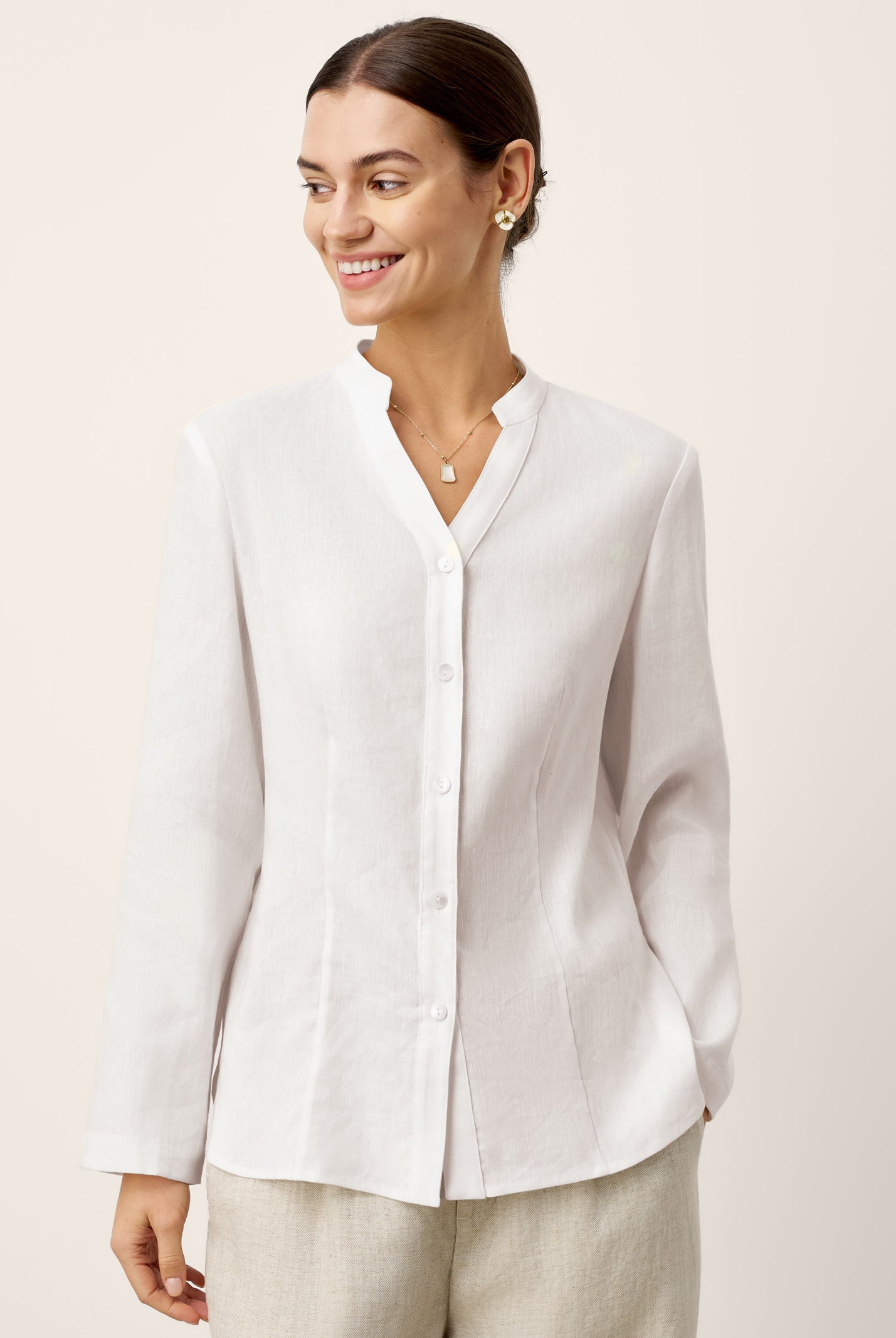 Linen-Lyocell Mandarin Collar Fitted Seam Shirt THORA by LINTICO for women