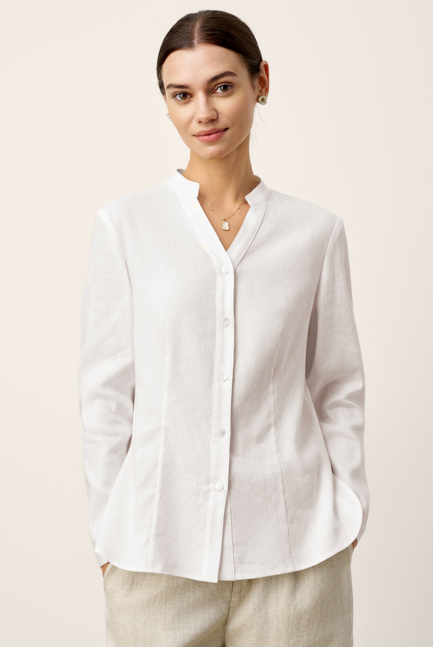 Linen-Lyocell Mandarin Collar Fitted Seam Shirt THORA by LINTICO for women