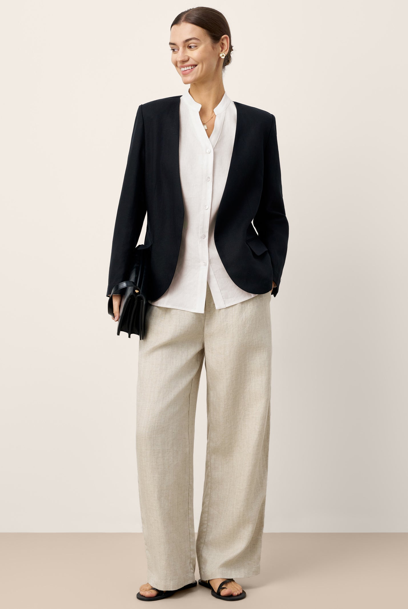 Linen-Lyocell Mandarin Collar Fitted Seam Shirt THORA by LINTICO for women