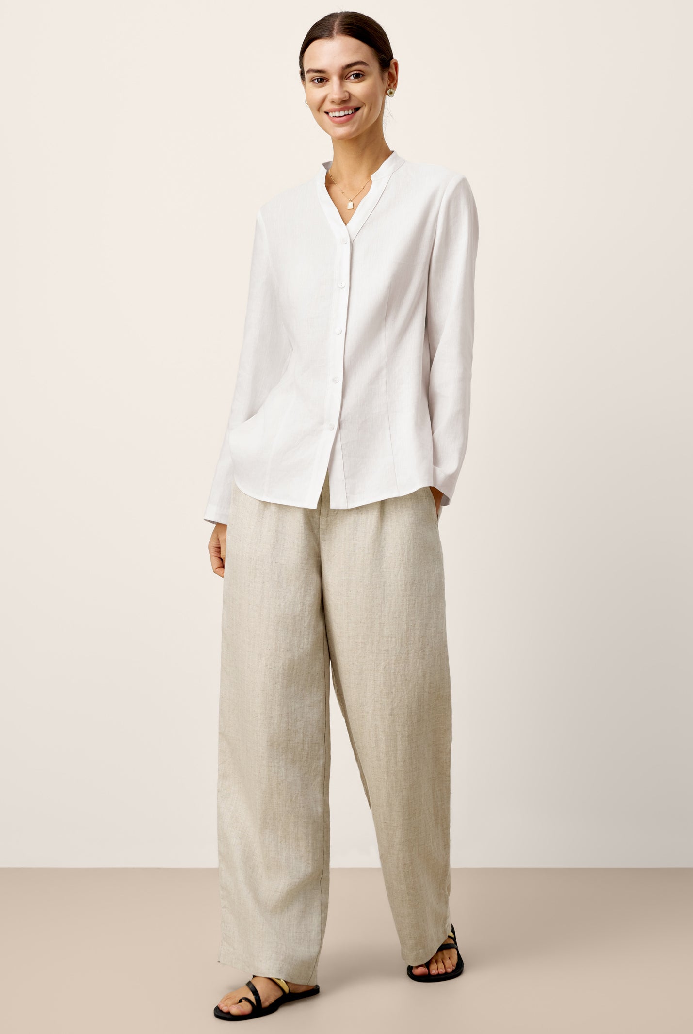 Linen-Lyocell Mandarin Collar Fitted Seam Shirt THORA by LINTICO for women