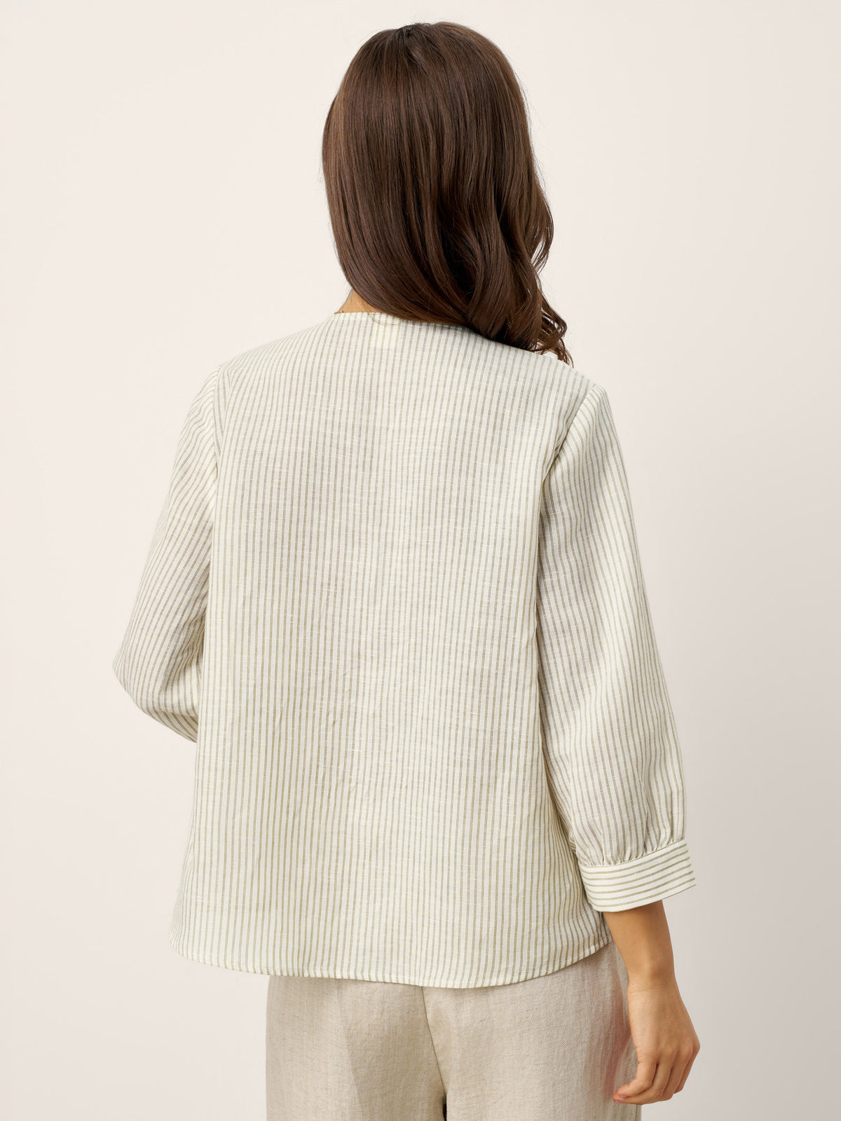 Linen-Lyocell Striped Lapel Inverted Pleat Pullover Top MARGOT by LINTICO for women