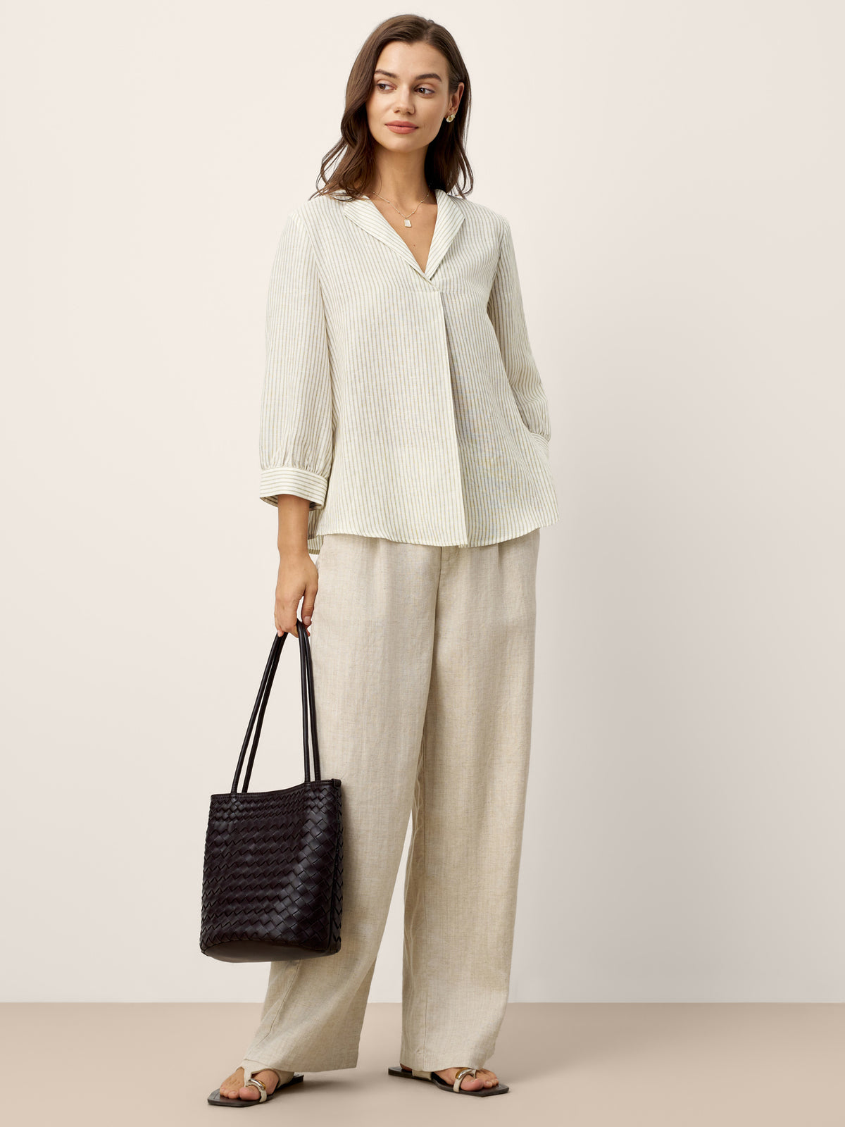 Linen-Lyocell Striped Lapel Inverted Pleat Pullover Top MARGOT by LINTICO for women