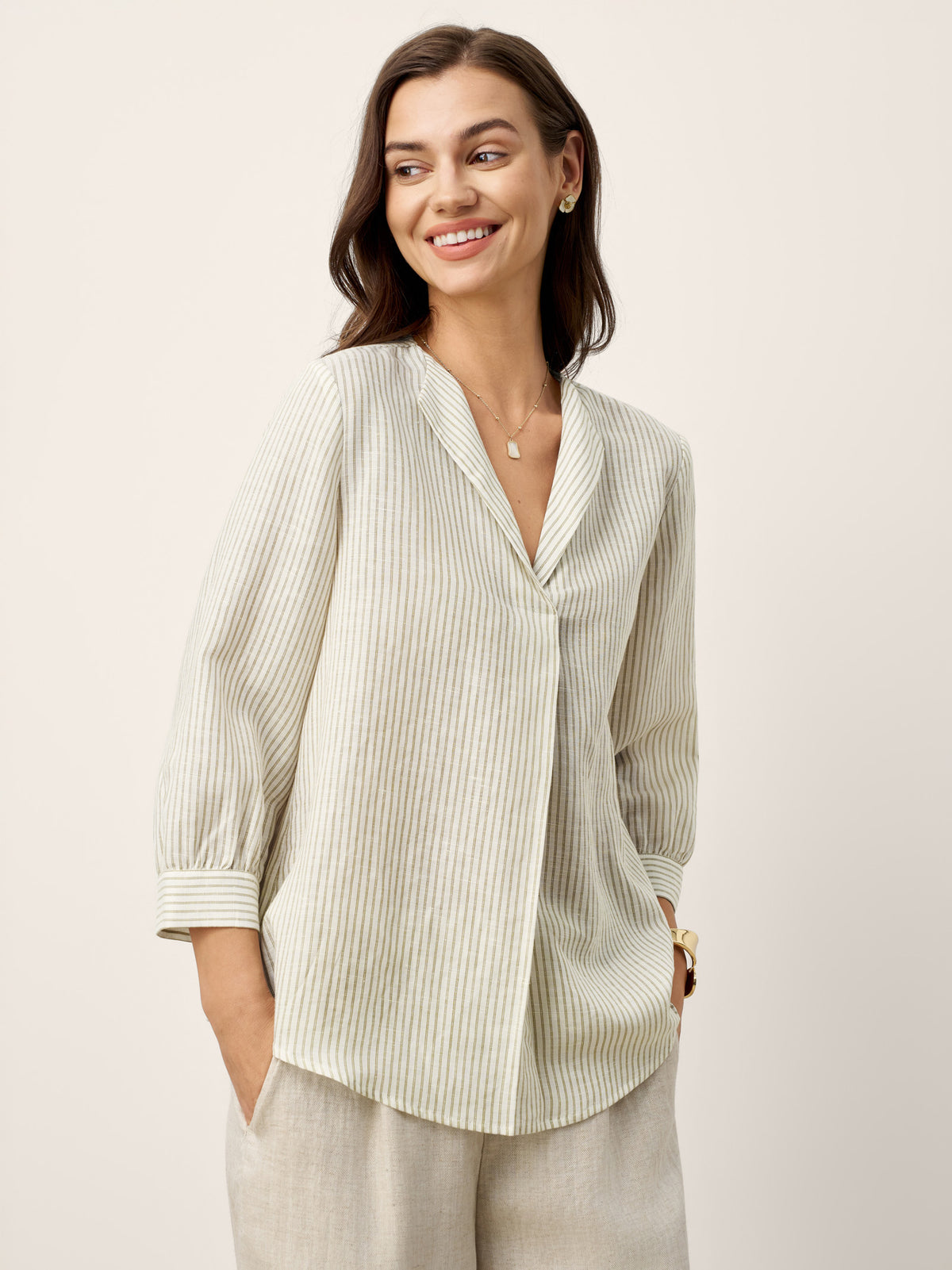 Linen-Lyocell Striped Lapel Inverted Pleat Pullover Top MARGOT by LINTICO for women