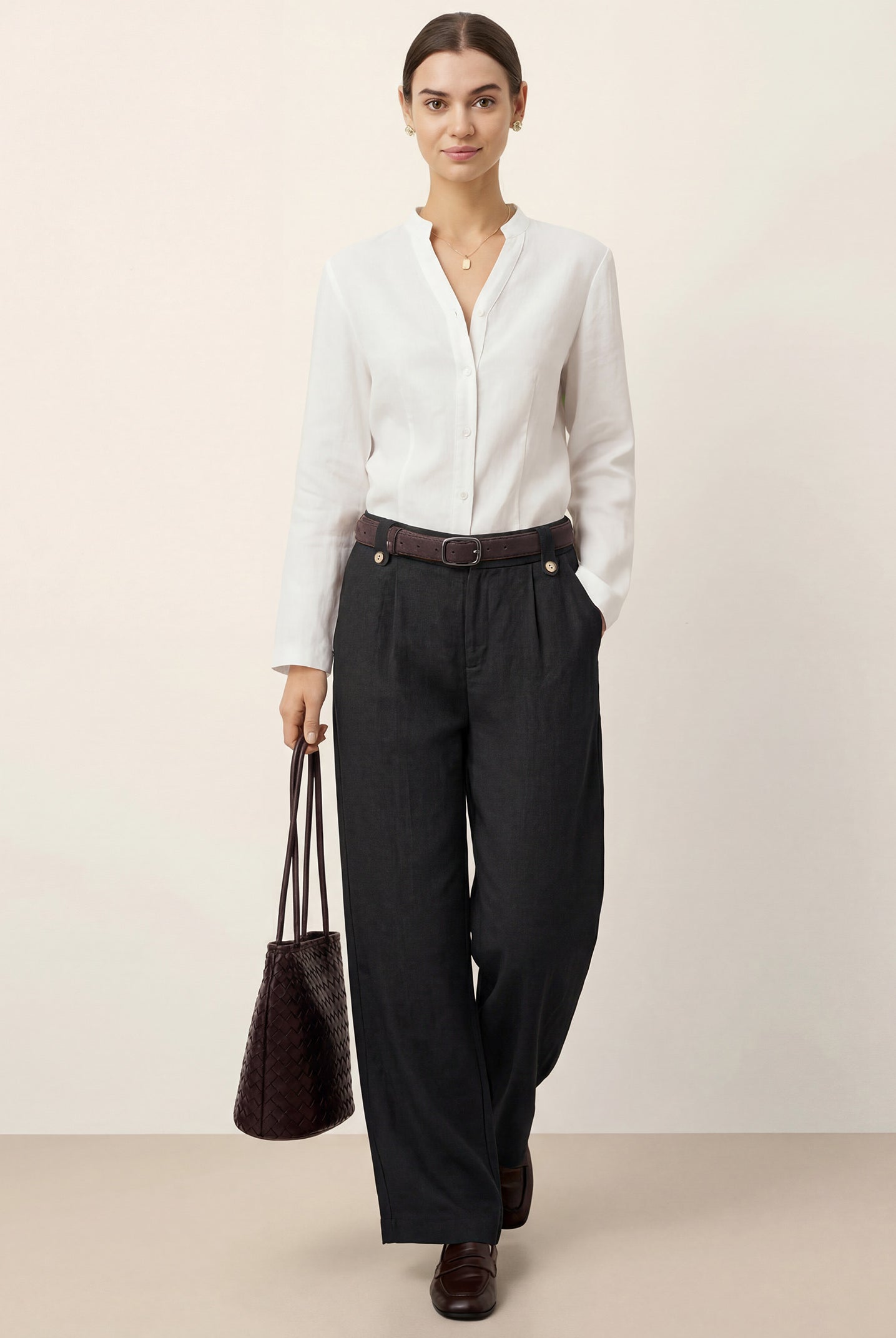 Linen-Lyocell Pleated Wide Leg Trousers with Back Elastic & Button Detail AISLING by LINTICO for women