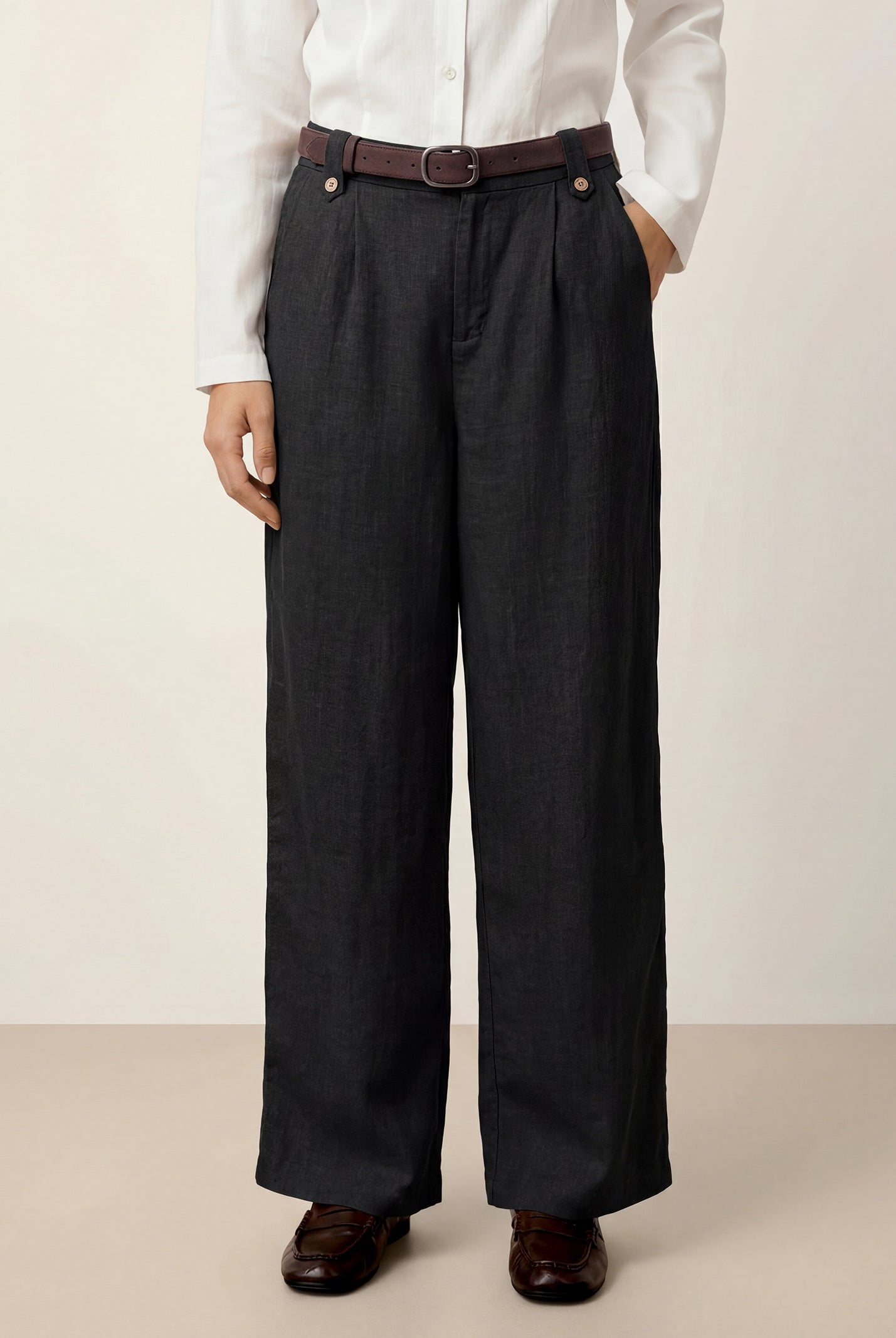 Linen-Lyocell Pleated Wide Leg Trousers with Back Elastic & Button Detail AISLING by LINTICO for women