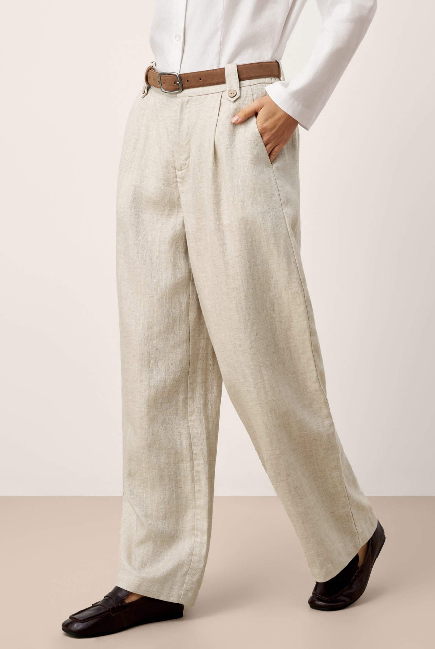 Linen-Lyocell Pleated Wide Leg Trousers with Back Elastic & Button Detail AISLING by LINTICO for women