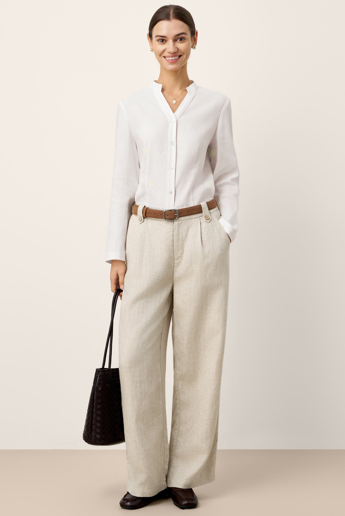 Linen-Lyocell Pleated Wide Leg Trousers with Back Elastic & Button Detail AISLING by LINTICO for women