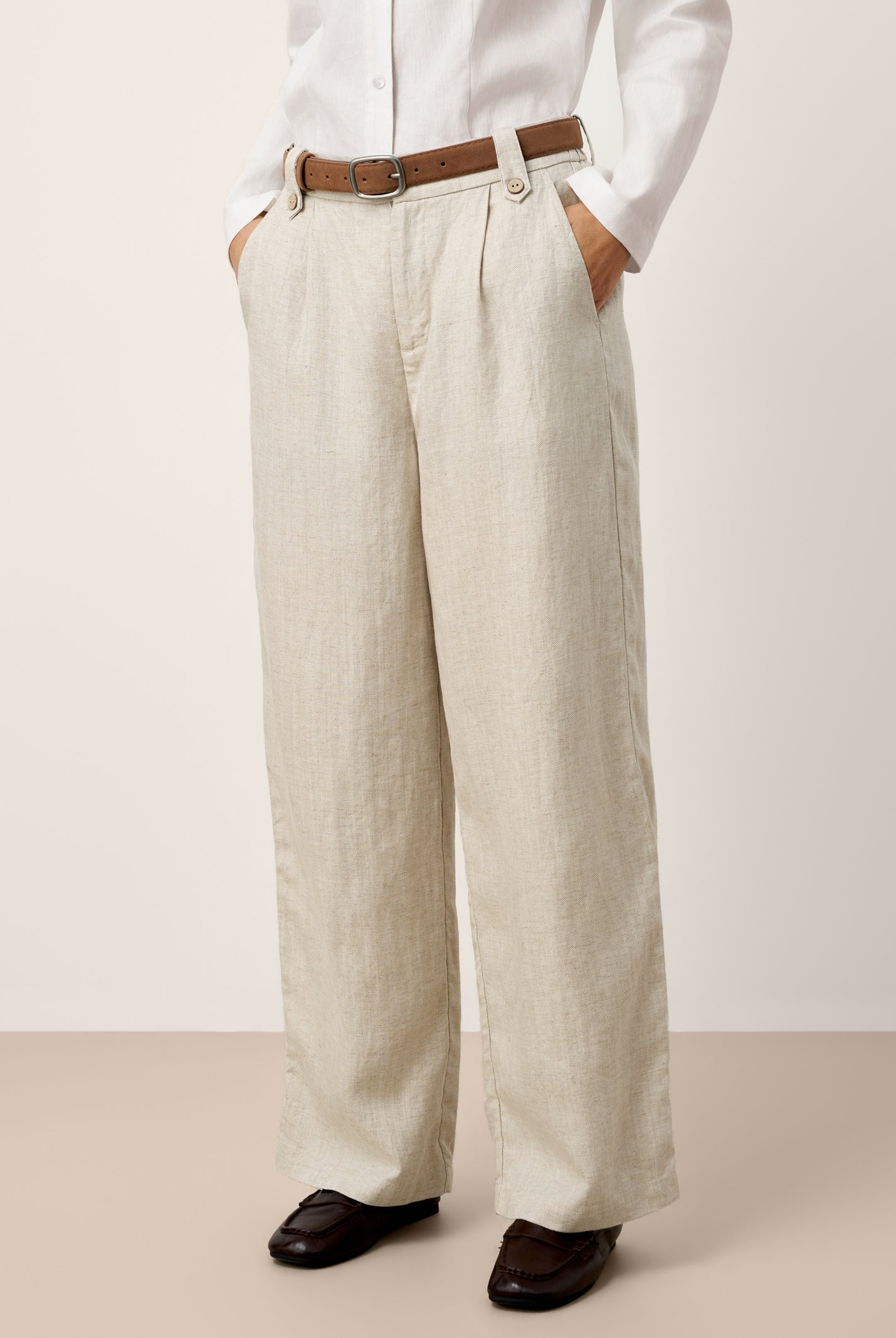 Linen-Lyocell Pleated Wide Leg Trousers with Back Elastic & Button Detail AISLING by LINTICO for women