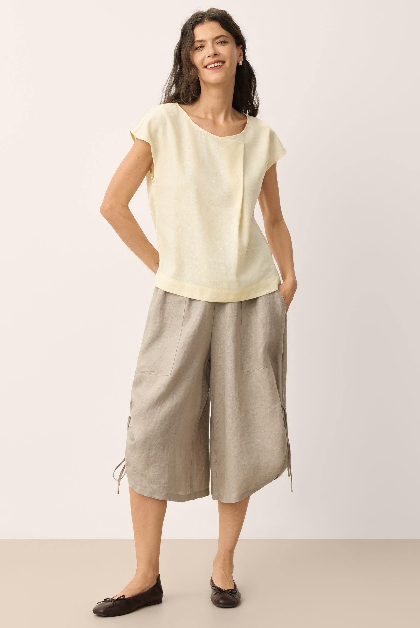 Linen-Lyocell Asymmetric Pleat Cap-Sleeve Top CERELIA by LINTICO for women