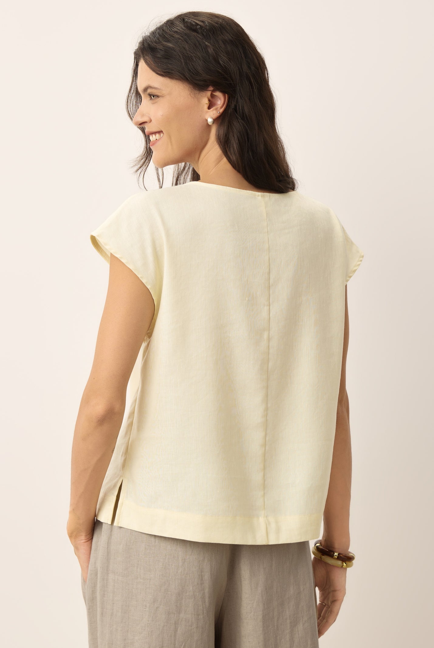 Linen-Lyocell Asymmetric Pleat Cap-Sleeve Top CERELIA by LINTICO for women