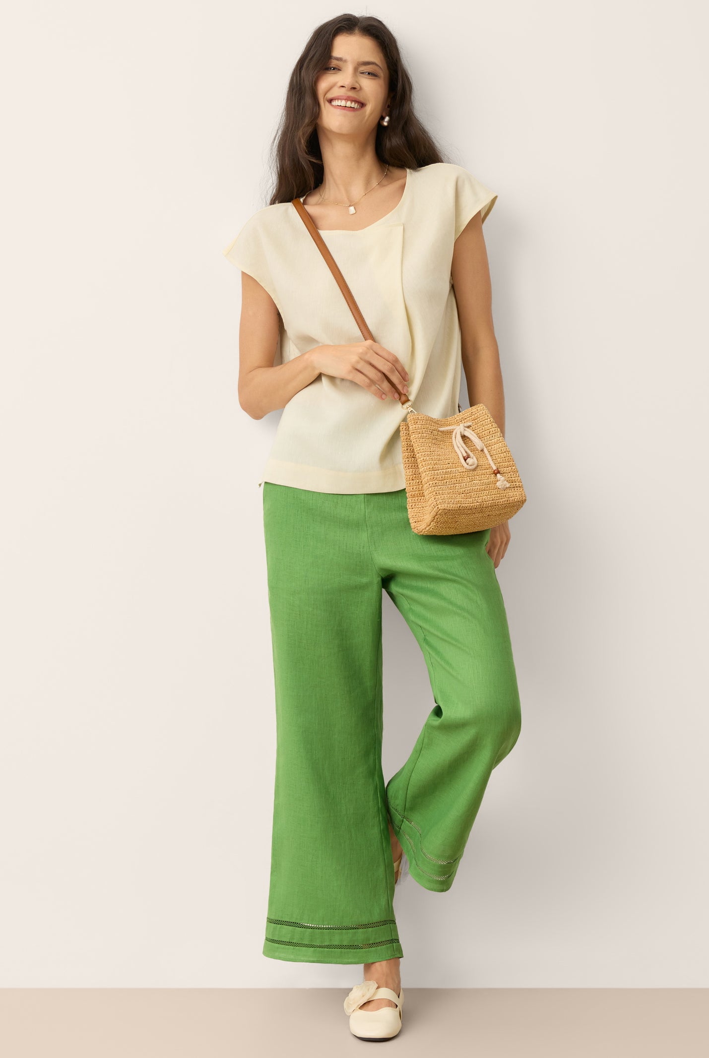 Linen-Lyocell Asymmetric Pleat Cap-Sleeve Top CERELIA by LINTICO for women