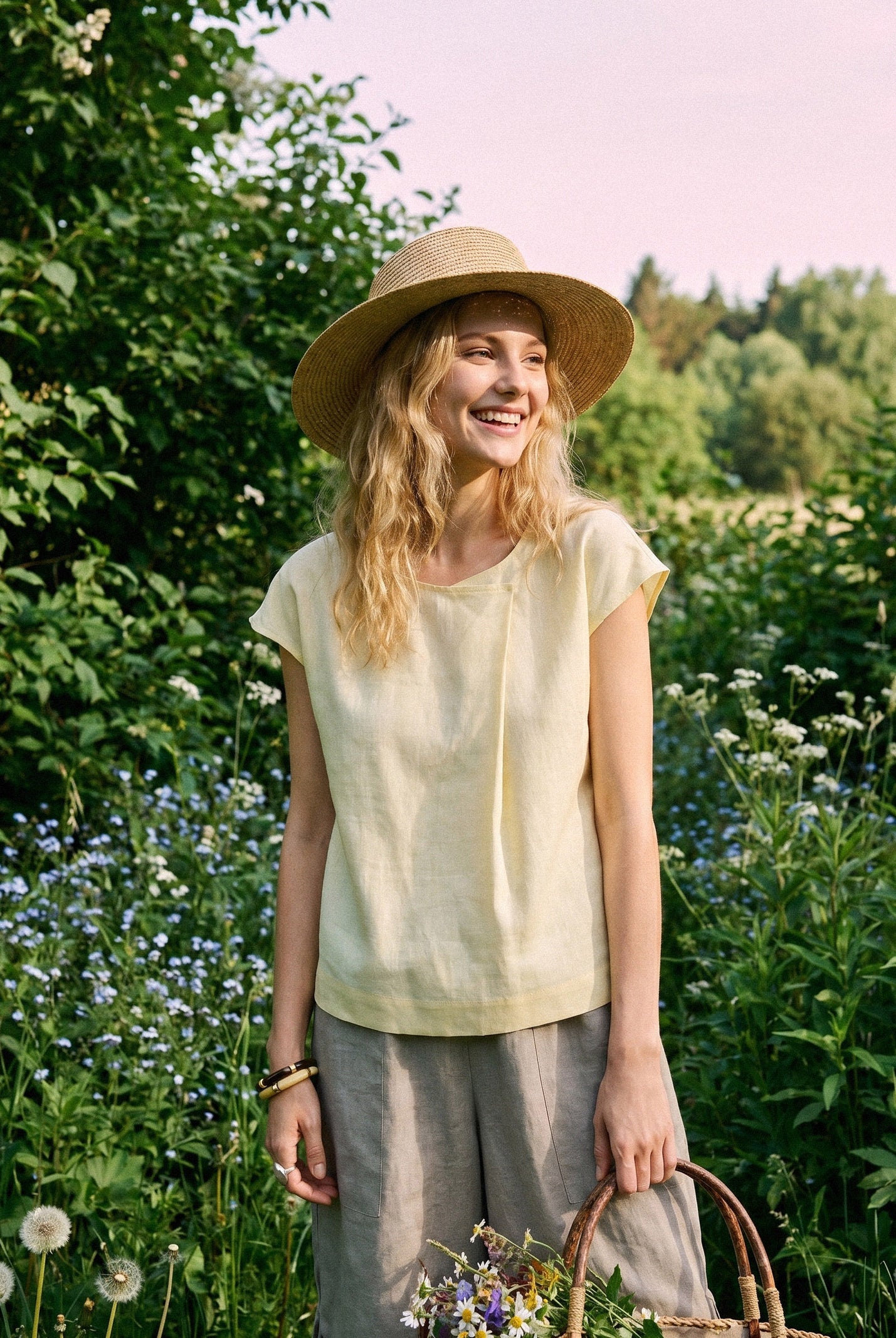 Linen-Lyocell Asymmetric Pleat Cap-Sleeve Top CERELIA by LINTICO for women