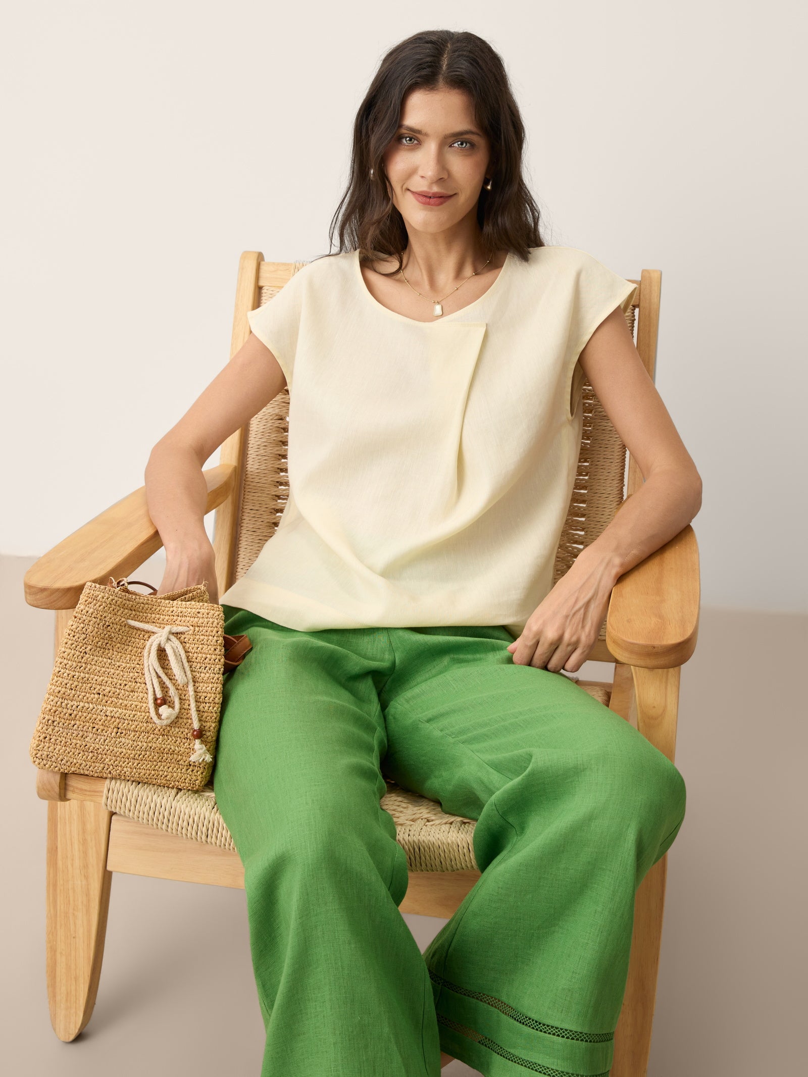 Linen-Lyocell Asymmetric Pleat Cap-Sleeve Top CERELIA by LINTICO for women