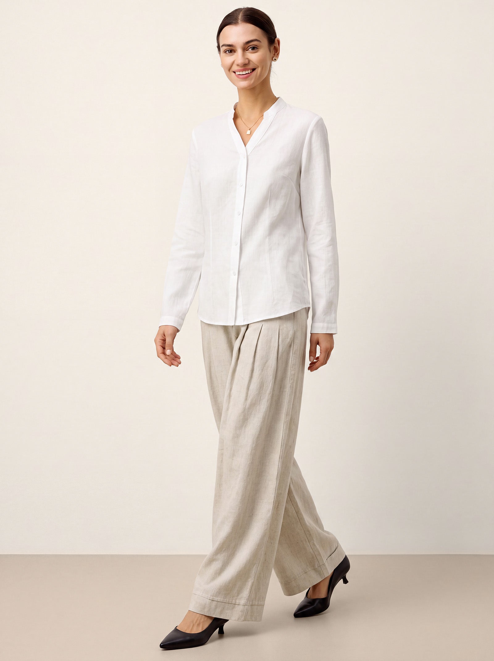 White Linen-Lyocell Mandarin Collar Fitted Seam Shirt THORA by LINTICO