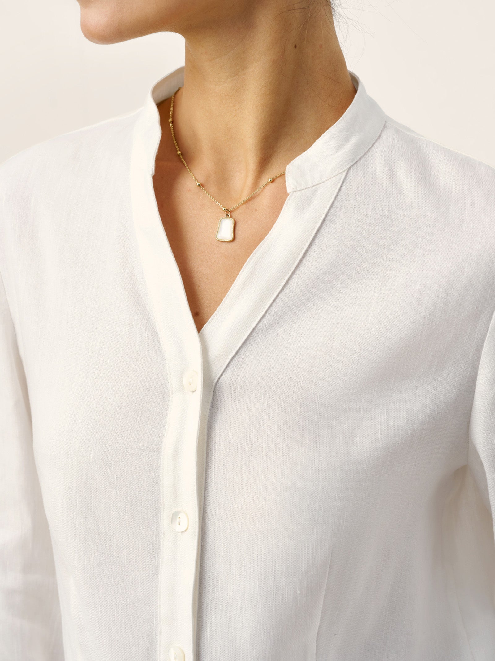 White Linen-Lyocell Mandarin Collar Fitted Seam Shirt THORA by LINTICO