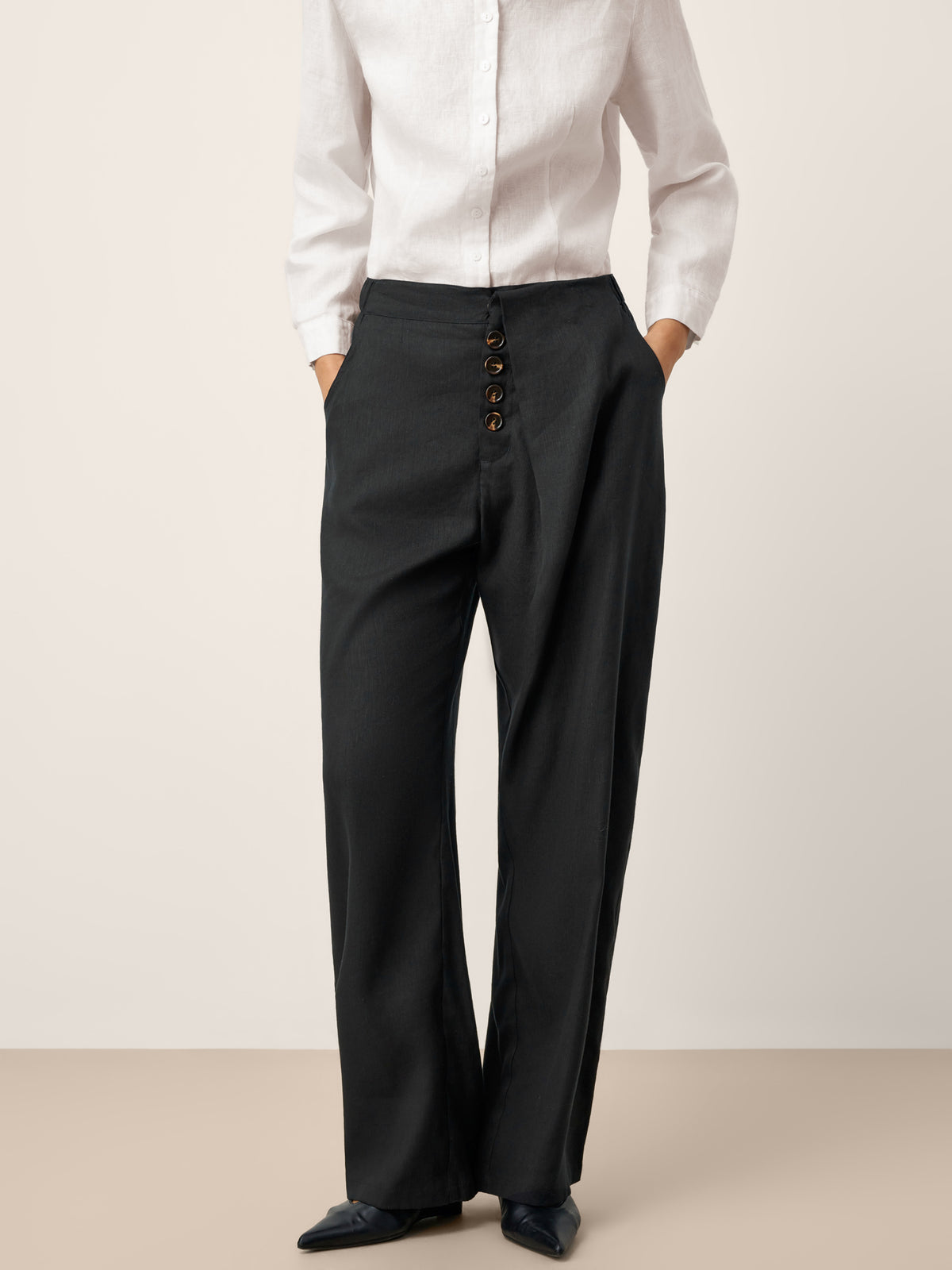 Linen-Lyocell Asymmetric Placket Straight Pants SAFFRON by LINTICO for women