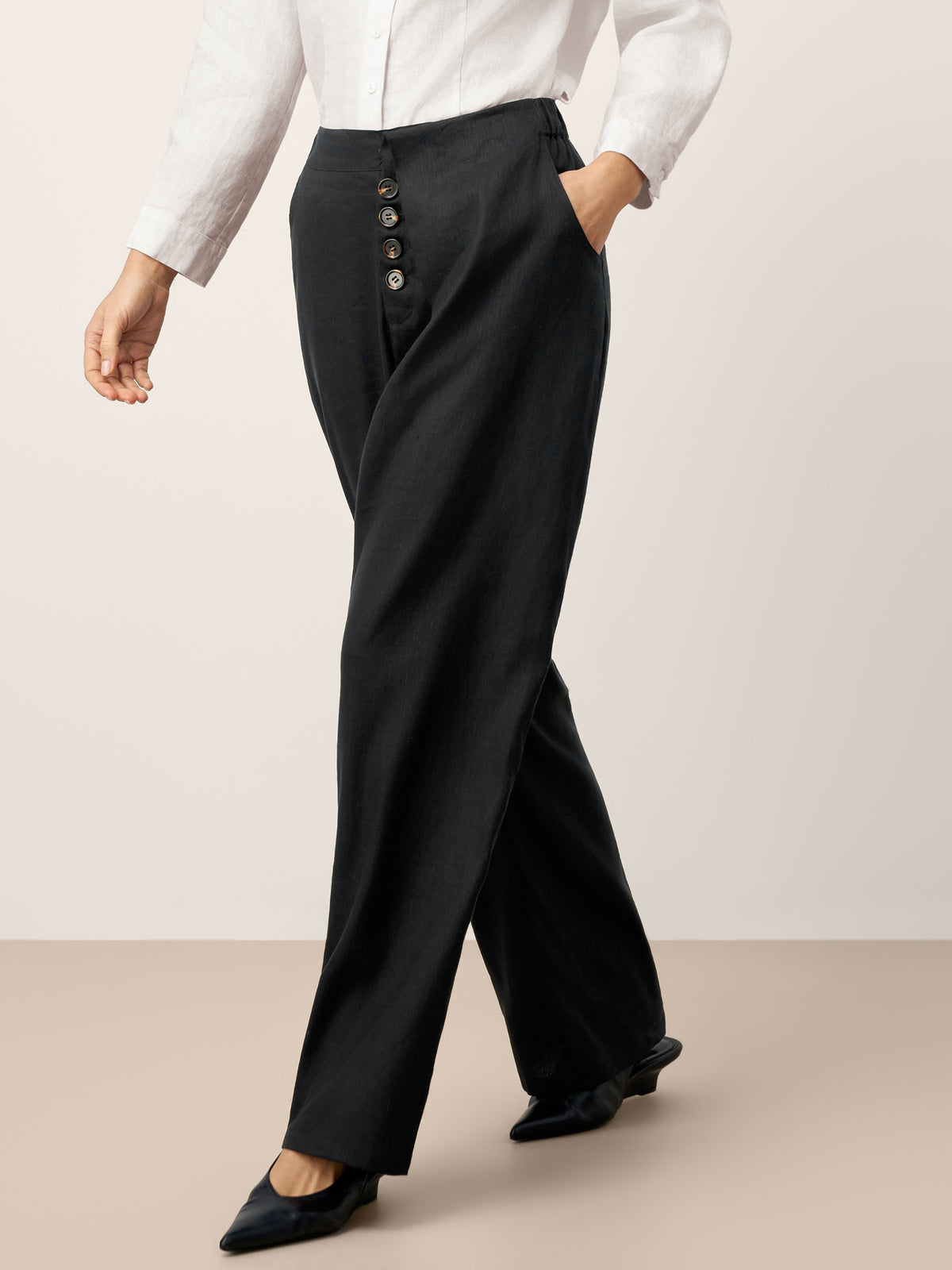 Linen-Lyocell Asymmetric Placket Straight Pants SAFFRON by LINTICO for women