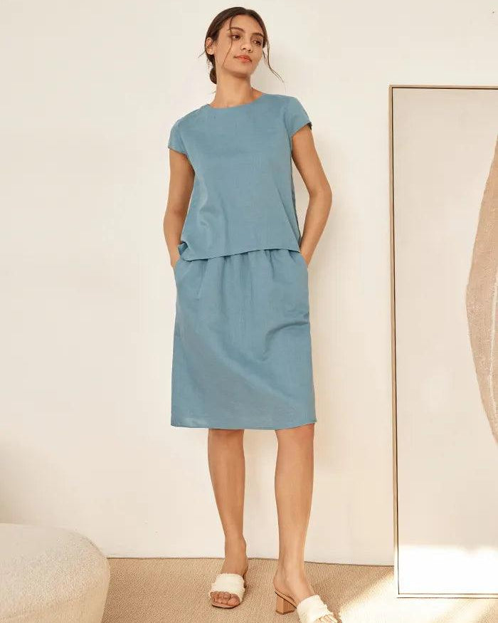 Linen Blend Cap Sleeve Top And Pencil Skirt Set VEDA - SETS-Linen Sets