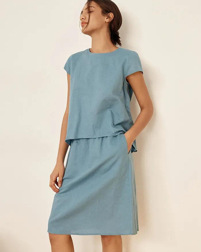 Linen Blend Cap Sleeve Top And Pencil Skirt Set VEDA - SETS-Linen Sets