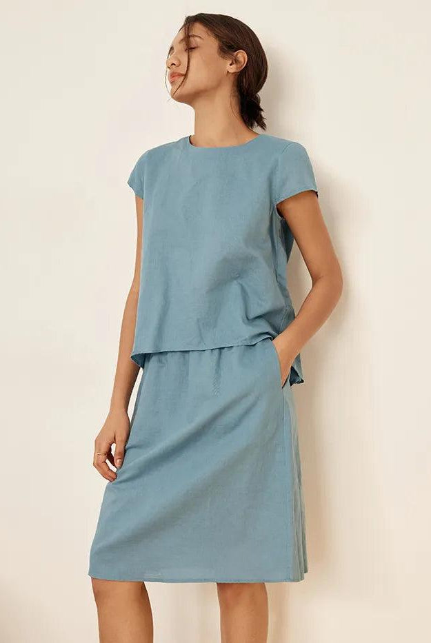 Linen Blend Cap Sleeve Top And Pencil Skirt Set VEDA - SETS-Linen Sets
