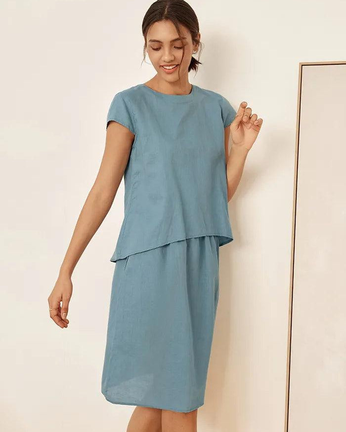 Linen Blend Cap Sleeve Top And Pencil Skirt Set VEDA - SETS-Linen Sets