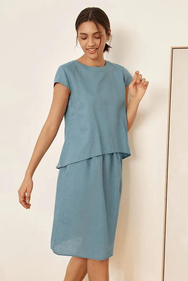 Linen Blend Cap Sleeve Top And Pencil Skirt Set VEDA - SETS-Linen Sets