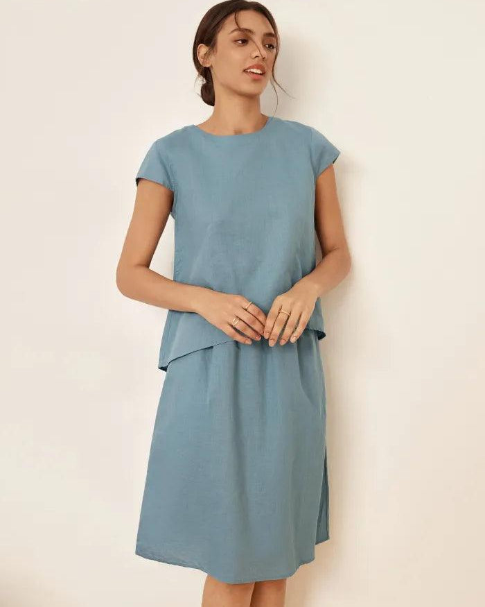 Linen Blend Cap Sleeve Top And Pencil Skirt Set VEDA - SETS-Linen Sets