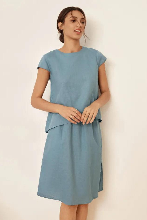 Linen Blend Cap Sleeve Top And Pencil Skirt Set VEDA - SETS-Linen Sets
