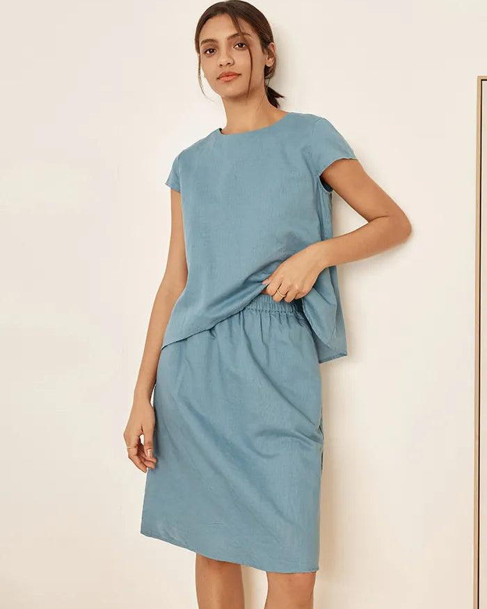 Linen Blend Cap Sleeve Top And Pencil Skirt Set VEDA - Powder Blue / S - SETS-Linen Sets