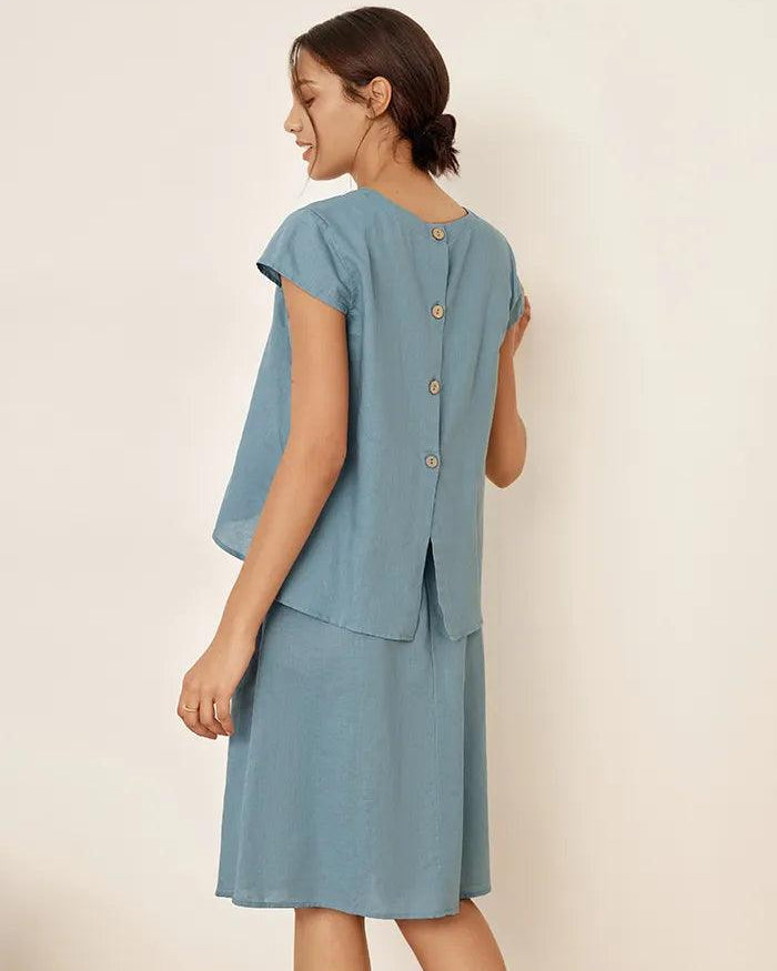 Linen Blend Cap Sleeve Top And Pencil Skirt Set VEDA - SETS-Linen Sets