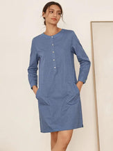 Linen Casual Round Neck Buttoned Dress LORRAINE - Cornflower Blue / S - DRESSES-Linen Mini
