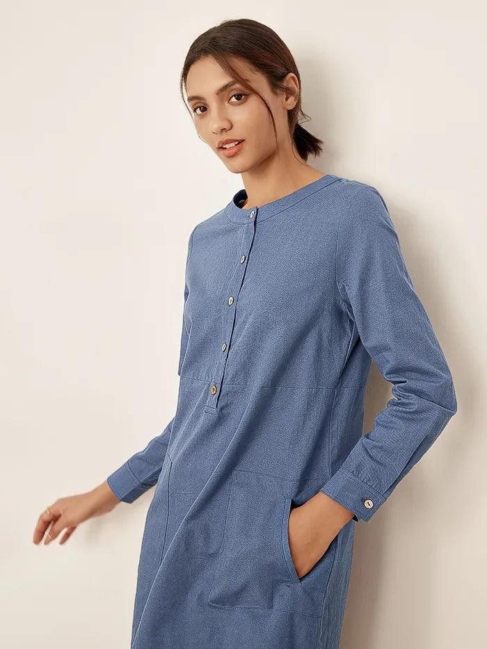 Linen Casual Round Neck Buttoned Dress LORRAINE - DRESSES-Linen Mini
