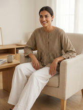 Linen Checked Long-Sleeved Top CAROLINE by LINTICO for women