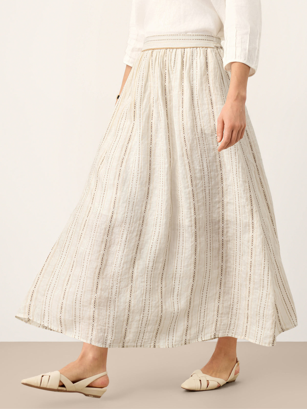 Linen Striped Contrast Trim A-Line Bohemian Skirt with Lining ISMERIE by LINTICO for women