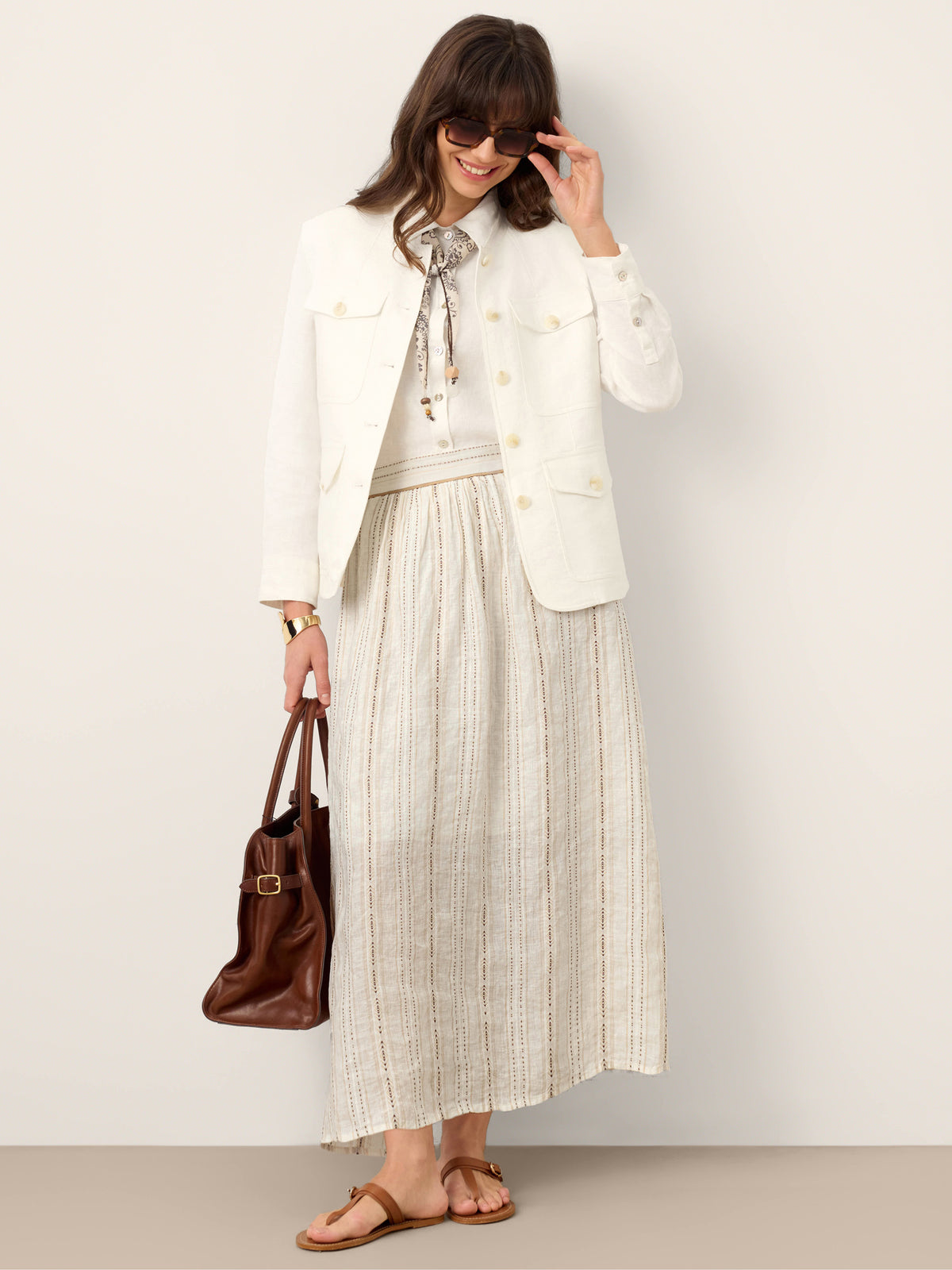 Linen Striped Contrast Trim A-Line Bohemian Skirt with Lining ISMERIE by LINTICO for women