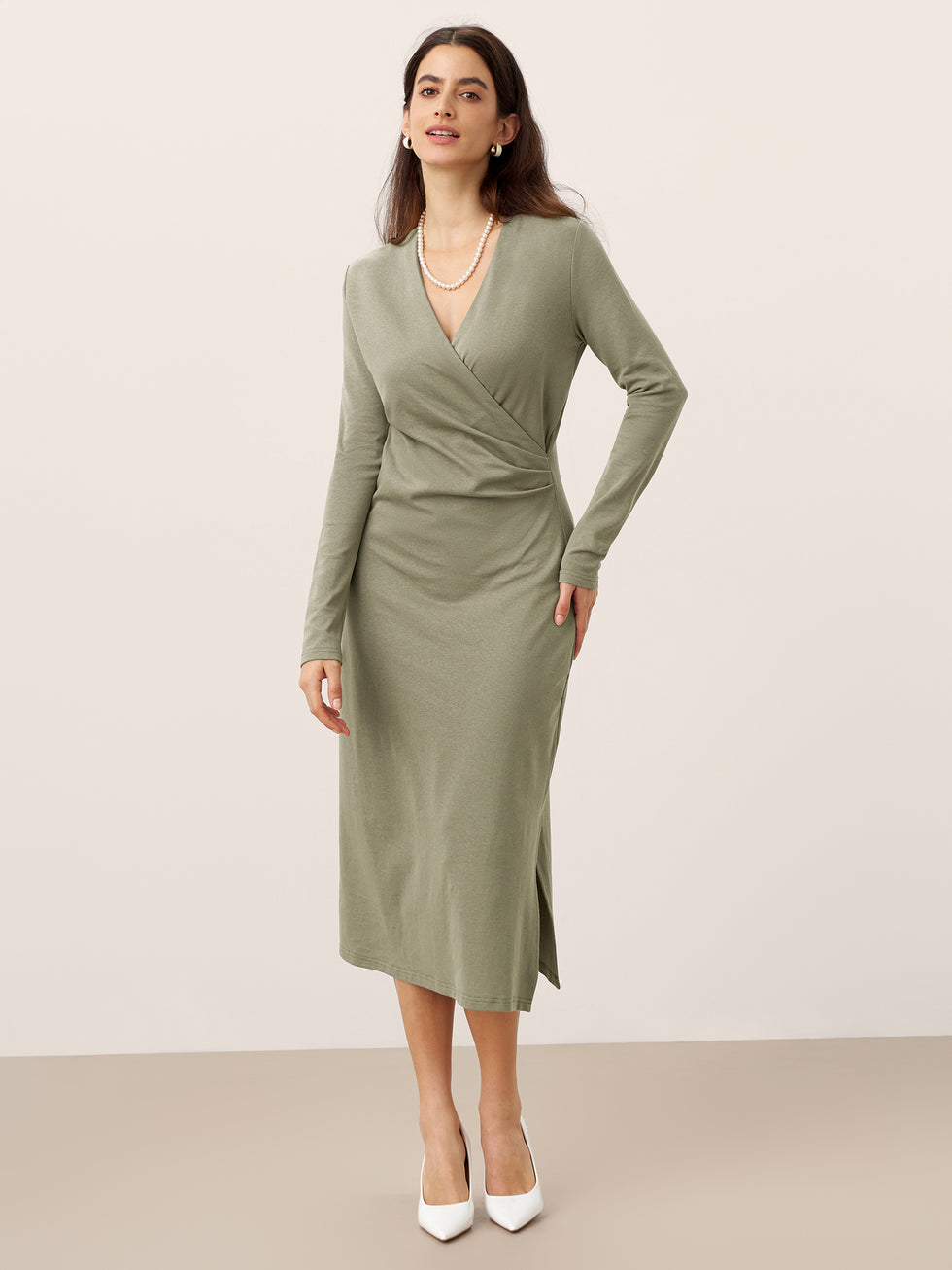 Crossover V-Neck Wrap Stretch Midi Dress MARNIE by LINTICO for women