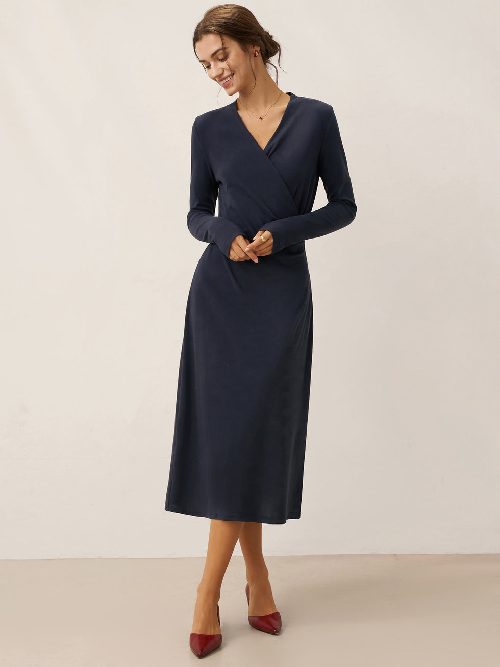 Crossover V-Neck Wrap Stretch Midi Dress MARNIE by LINTICO for women