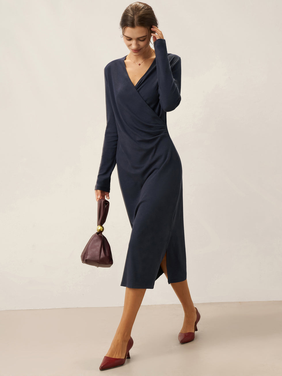 Crossover V-Neck Wrap Stretch Midi Dress MARNIE by LINTICO for women