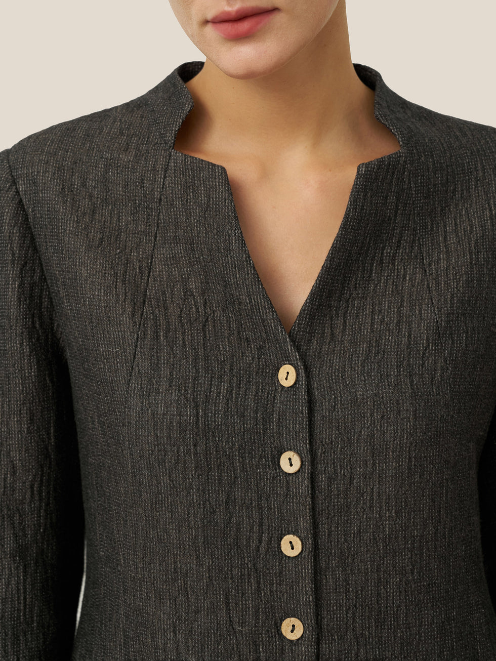 Linen Mandarin Collar Button-Up Long Shirt Jacket JORDAN by LINTICO for women