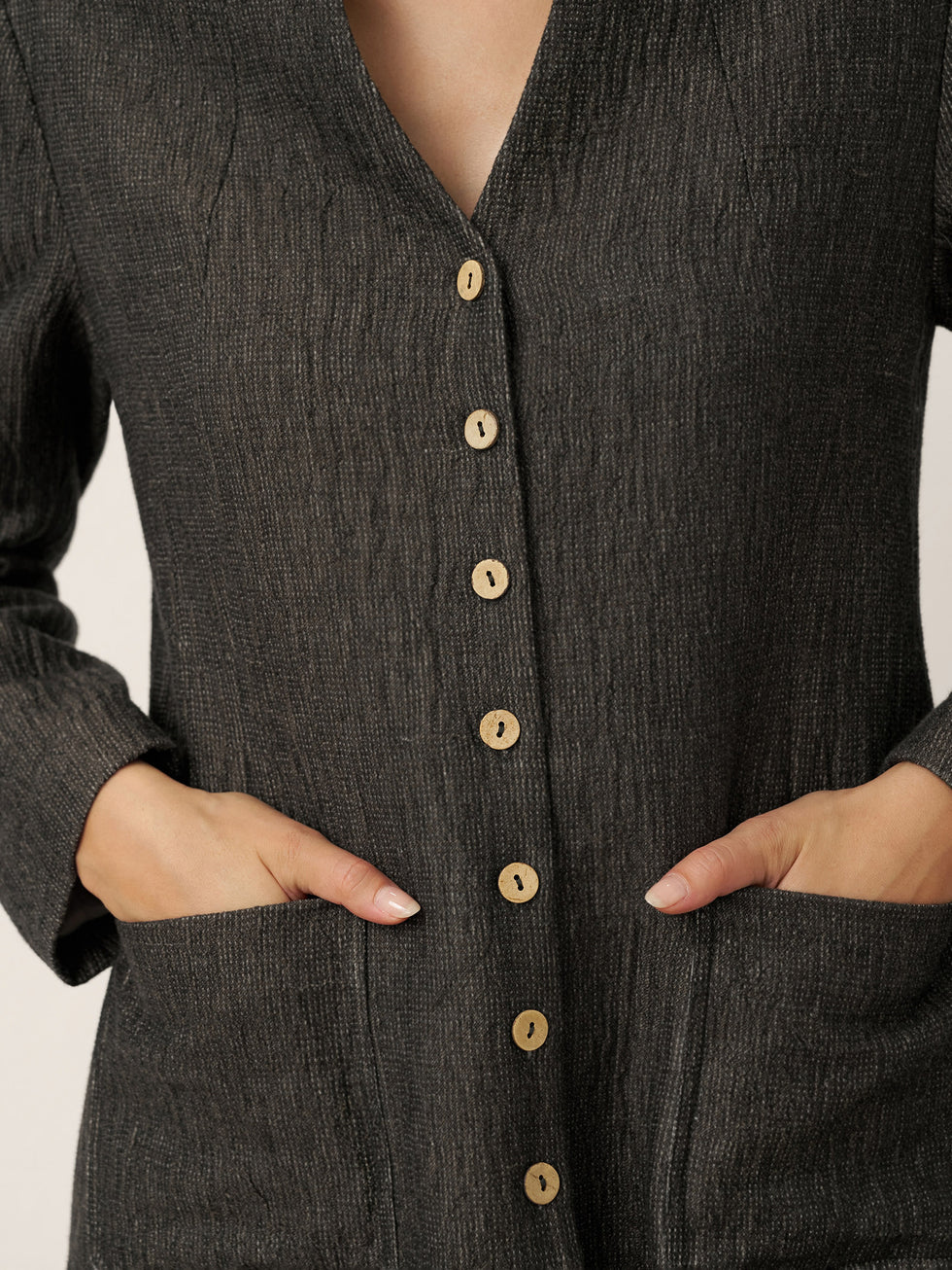 Linen Mandarin Collar Button-Up Long Shirt Jacket JORDAN by LINTICO for women