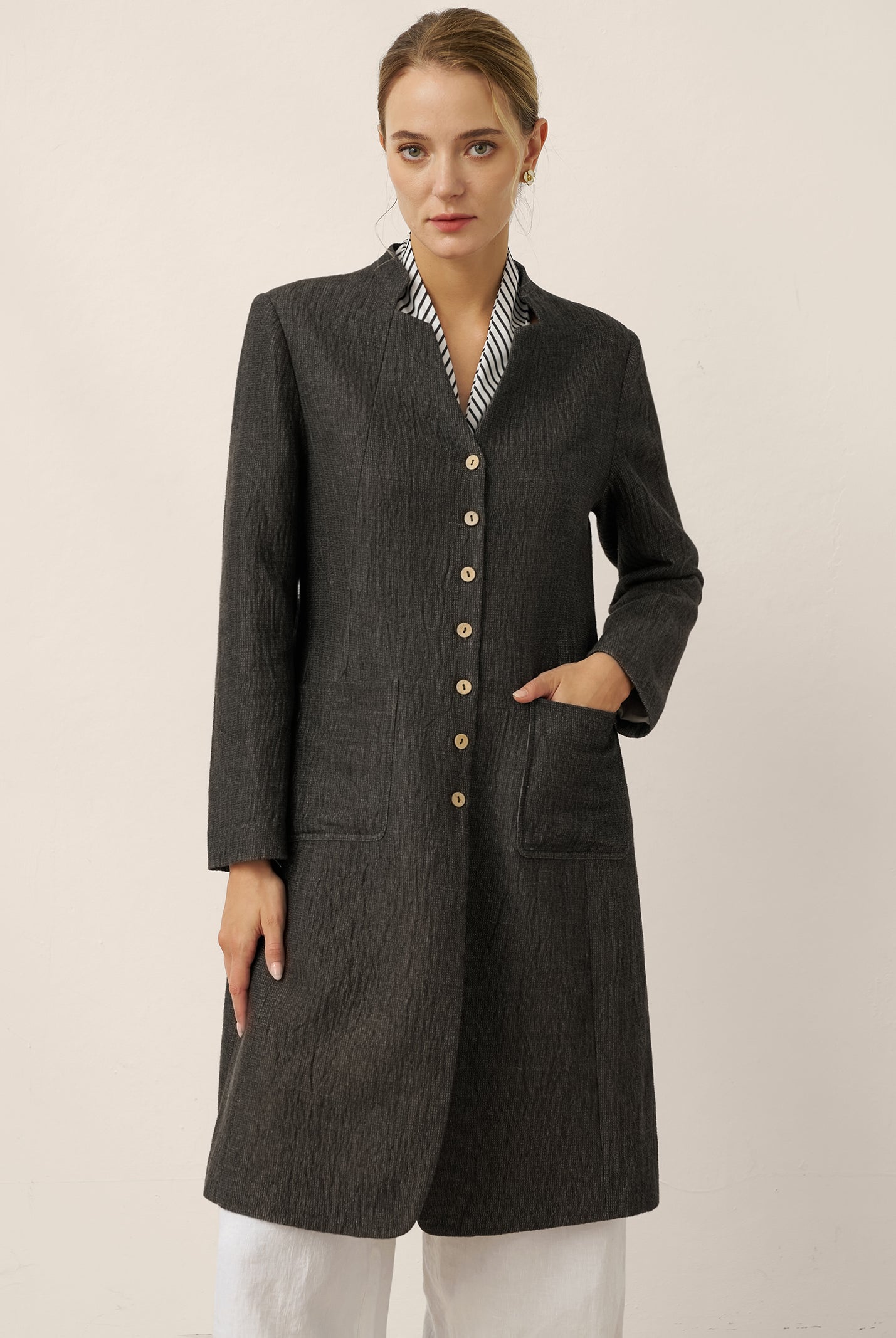 Linen Mandarin Collar Button-Up Long Shirt Jacket JORDAN by LINTICO for women
