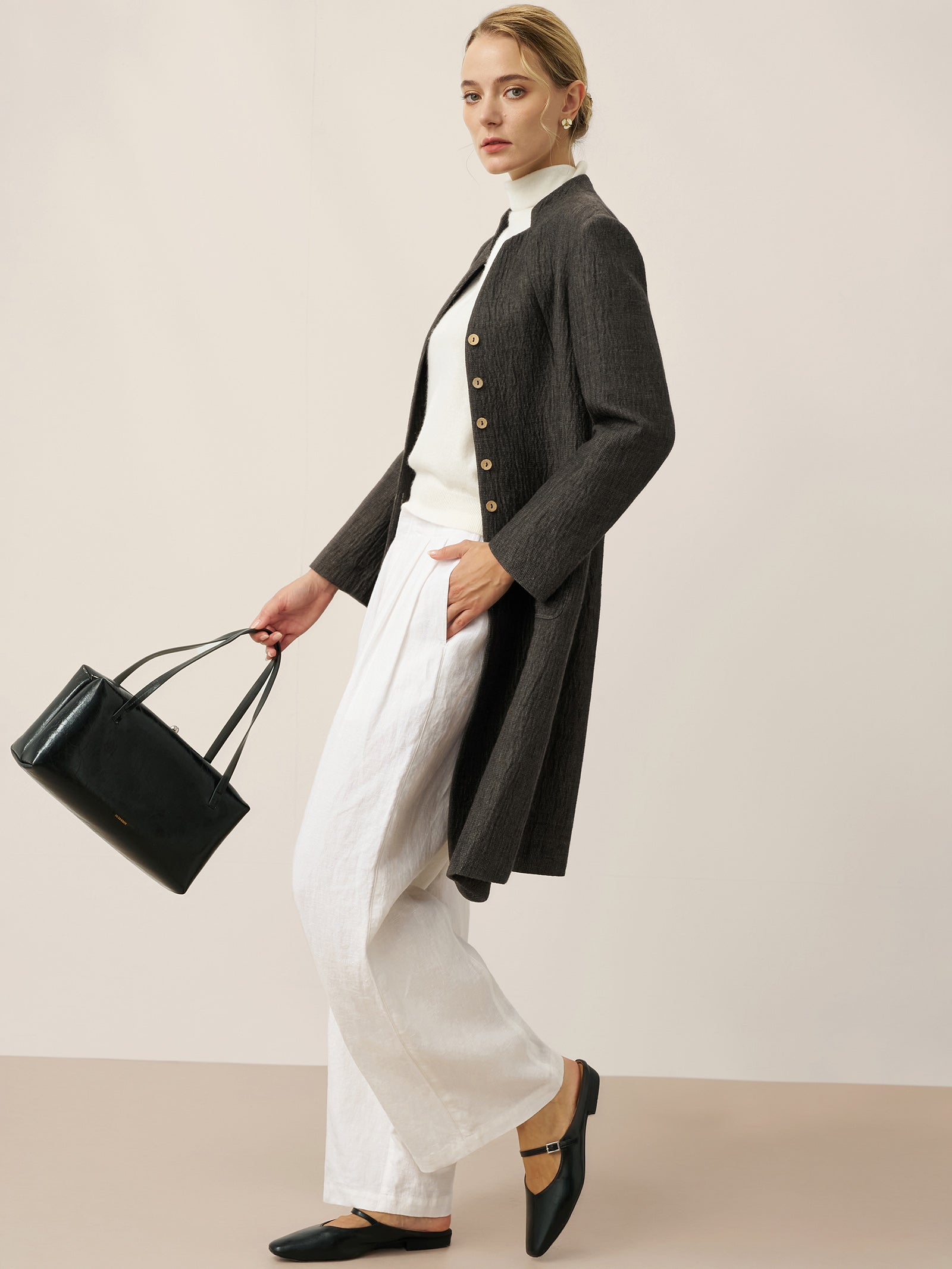 Linen Mandarin Collar Button-Up Long Shirt Jacket JORDAN by LINTICO for women