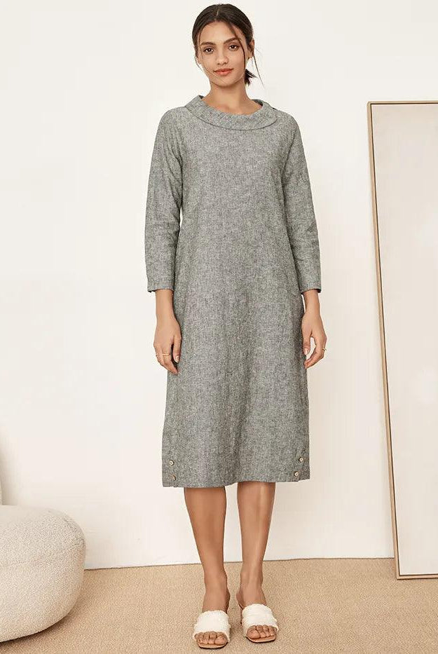 Linen Round Soft-Fold Collar Midi Dress Mellow - DRESSES-Linen