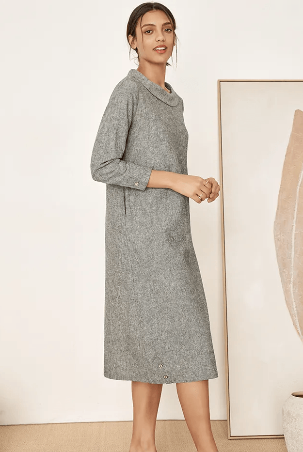 Linen Round Soft-Fold Collar Midi Dress Mellow - DRESSES-Linen