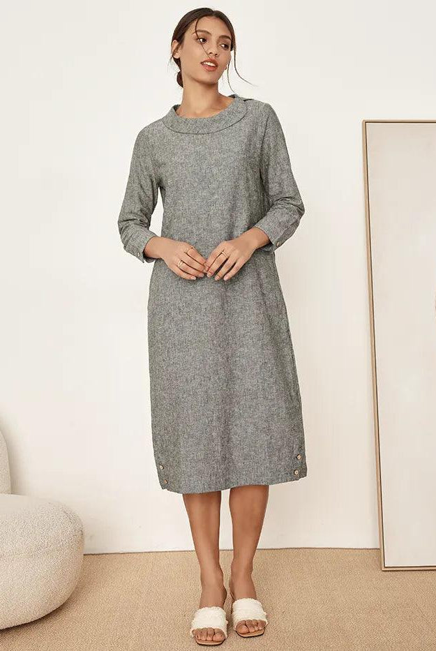 Linen Round Soft-Fold Collar Midi Dress Mellow - DRESSES-Linen