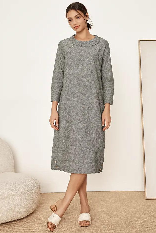 Linen Round Soft-Fold Collar Midi Dress Mellow - DRESSES-Linen