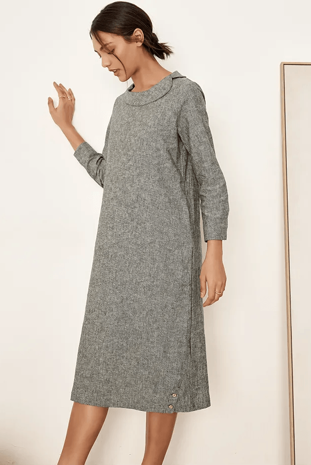 Linen Round Soft-Fold Collar Midi Dress Mellow - DRESSES-Linen